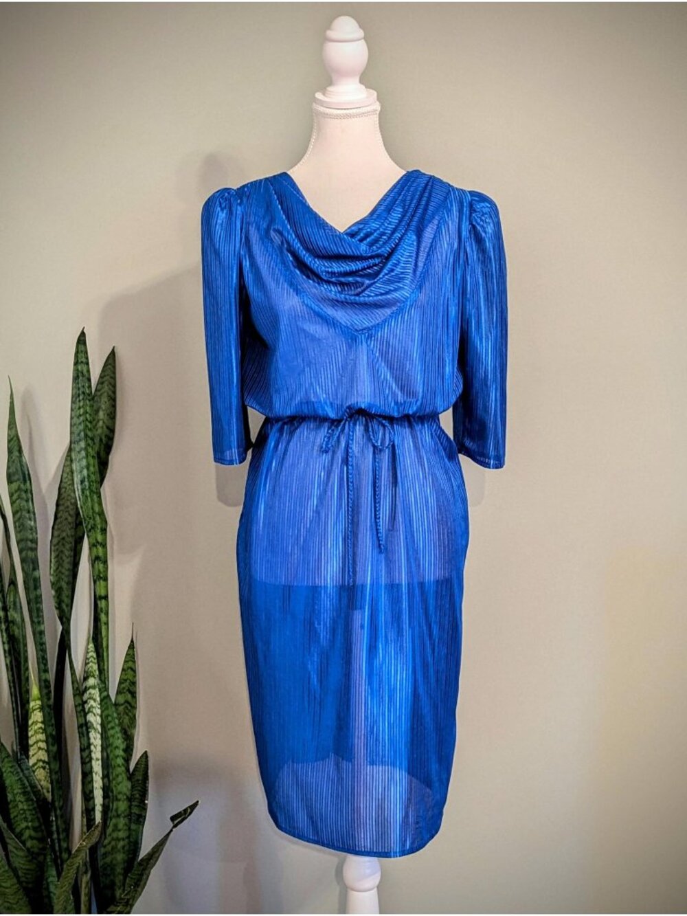 1970's Blue Striped Half Sleeve Blouson Dress - Women's Size S